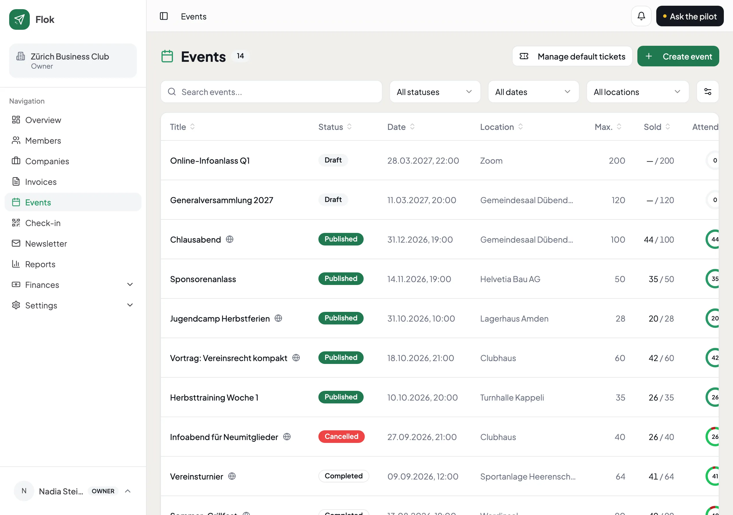 The events screen, listing upcoming and past events.