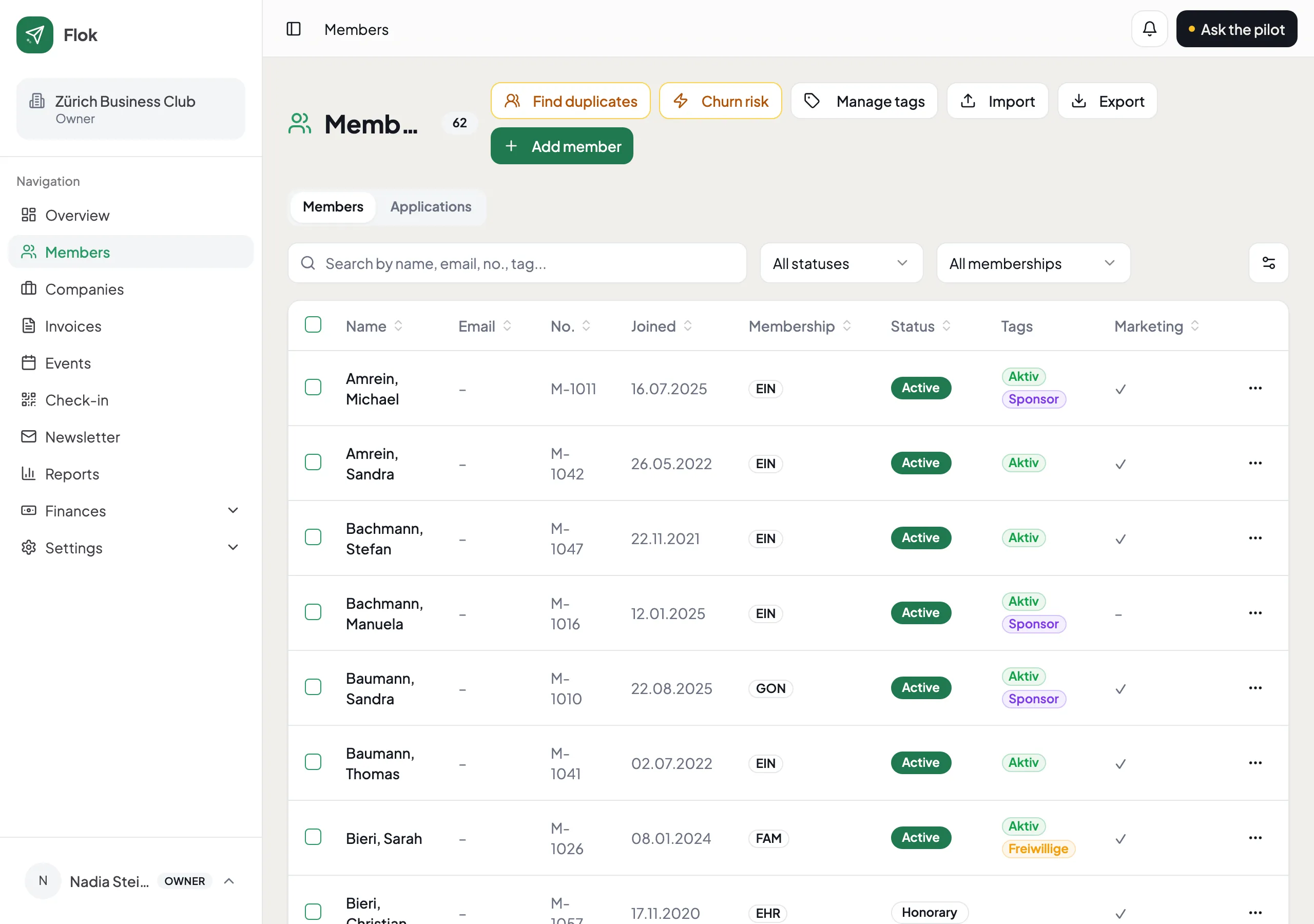 The member list, with name, email, membership number, joining date, membership and status.