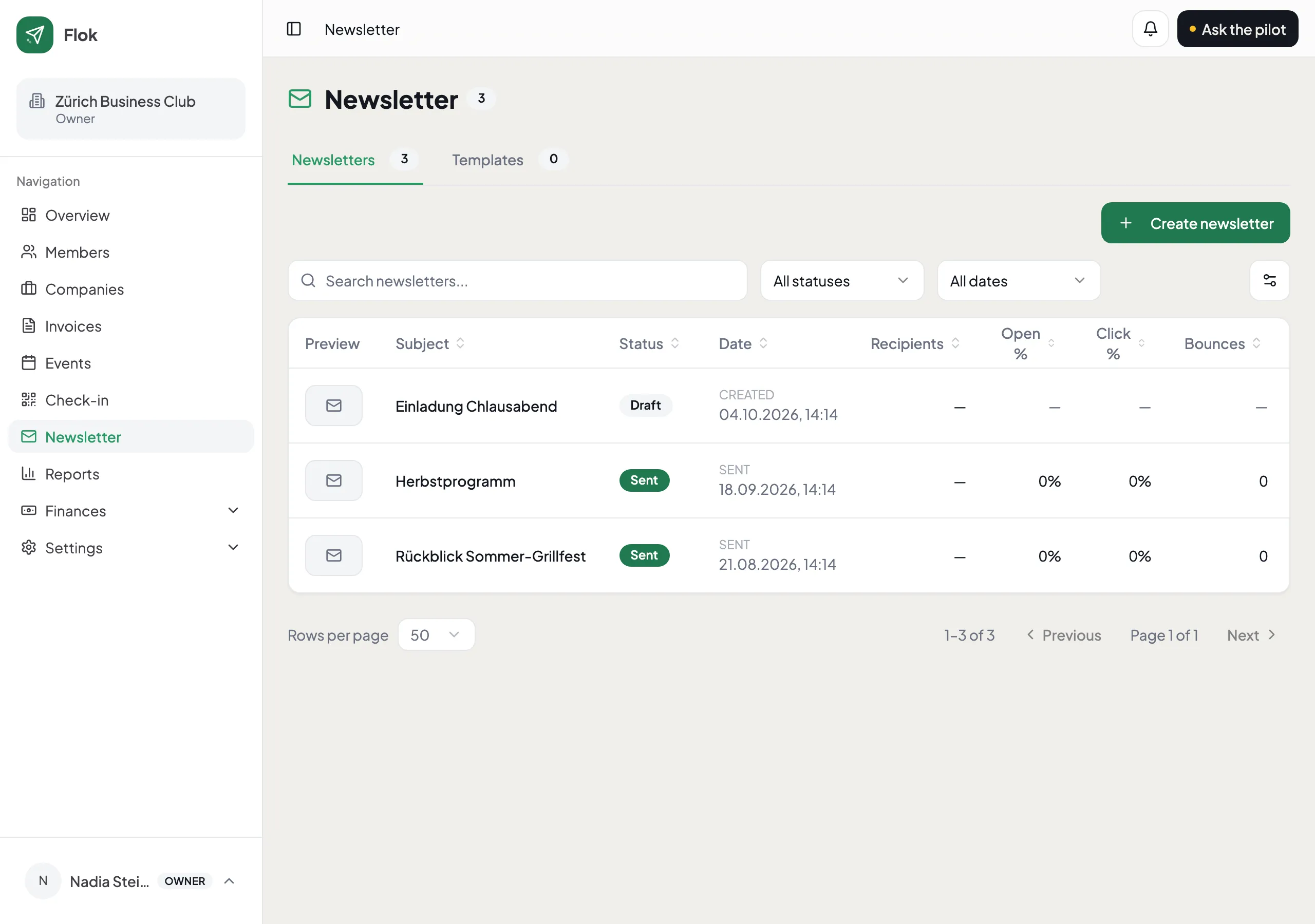 The newsletter screen, listing drafts and sent newsletters.